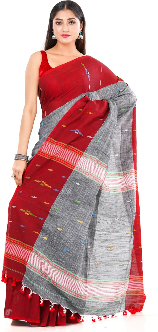 Grey_&_Red_Handloom_Premium_Quality_Khadi_Cotton_Saree_for_Women_With_Blouse