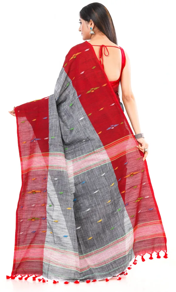 Grey_&_Red_Handloom_Premium_Quality_Khadi_Cotton_Saree_for_Women_With_Blouse