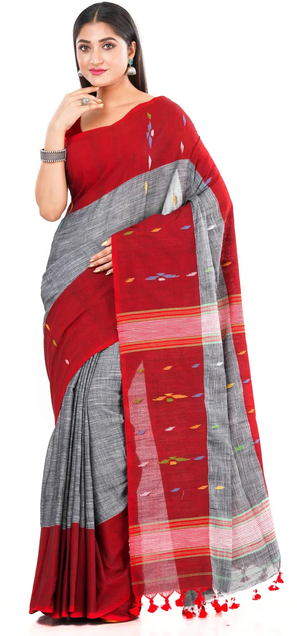 Grey_&_Red_Handloom_Premium_Quality_Khadi_Cotton_Saree_for_Women_With_Blouse