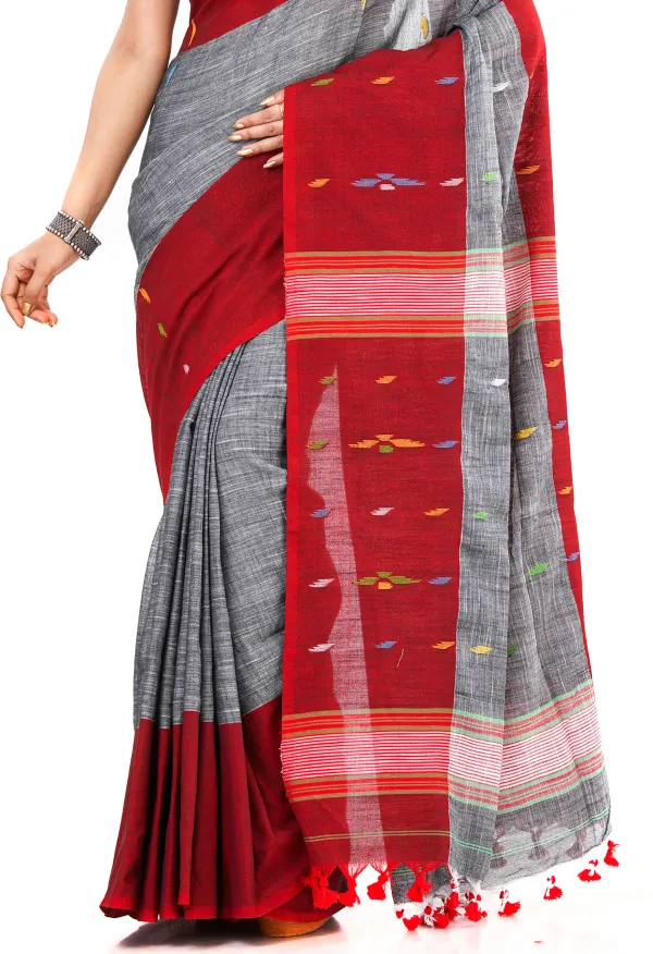 Grey_&_Red_Handloom_Premium_Quality_Khadi_Cotton_Saree_for_Women_With_Blouse