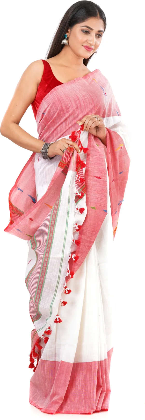 White_&_Red_Handloom_Premium_Quality_Khadi_Cotton_Saree_for_Women_With_Blouse