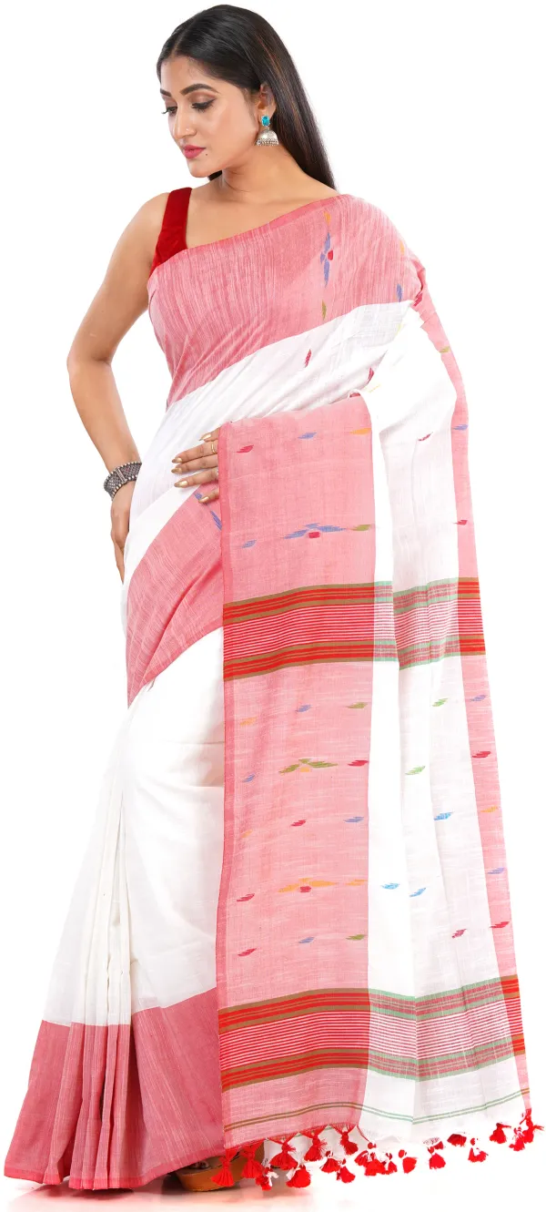 White_&_Red_Handloom_Premium_Quality_Khadi_Cotton_Saree_for_Women_With_Blouse