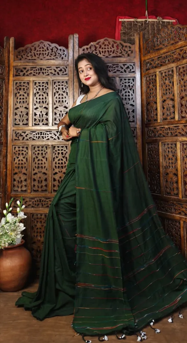 Dark_Green_Premium_Handloom_Cotton_Khes_Saree_For_Women_With_Running_Blouse