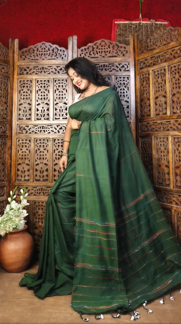 Dark_Green_Premium_Handloom_Cotton_Khes_Saree_For_Women_With_Running_Blouse