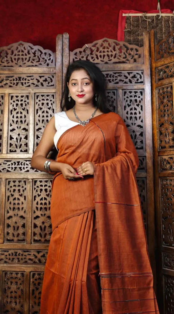 Orange_Premium_Handloom_Cotton_Khes_Saree_For_Women_With_Running_Blouse