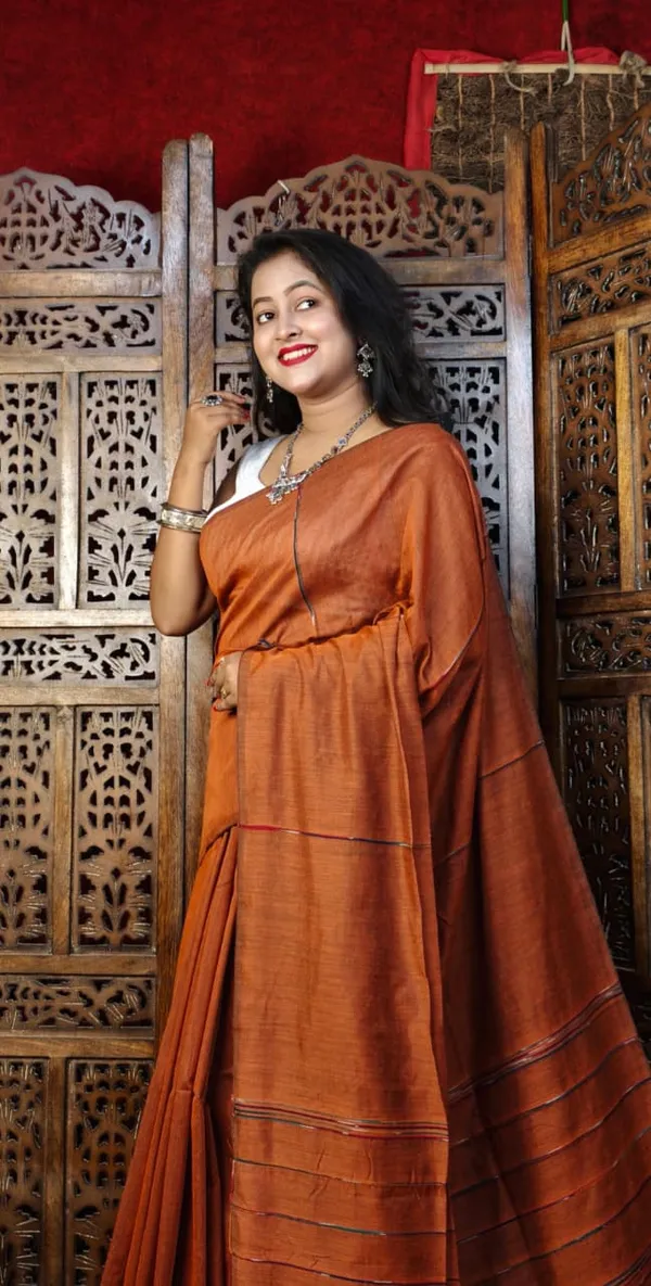 Orange_Premium_Handloom_Cotton_Khes_Saree_For_Women_With_Running_Blouse