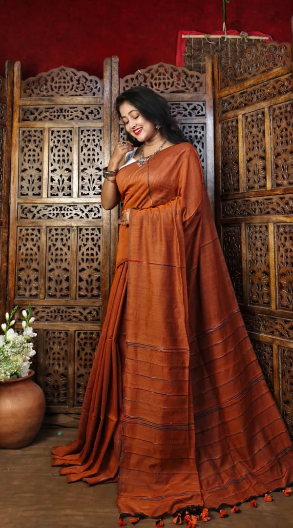 Orange_Premium_Handloom_Cotton_Khes_Saree_For_Women_With_Running_Blouse