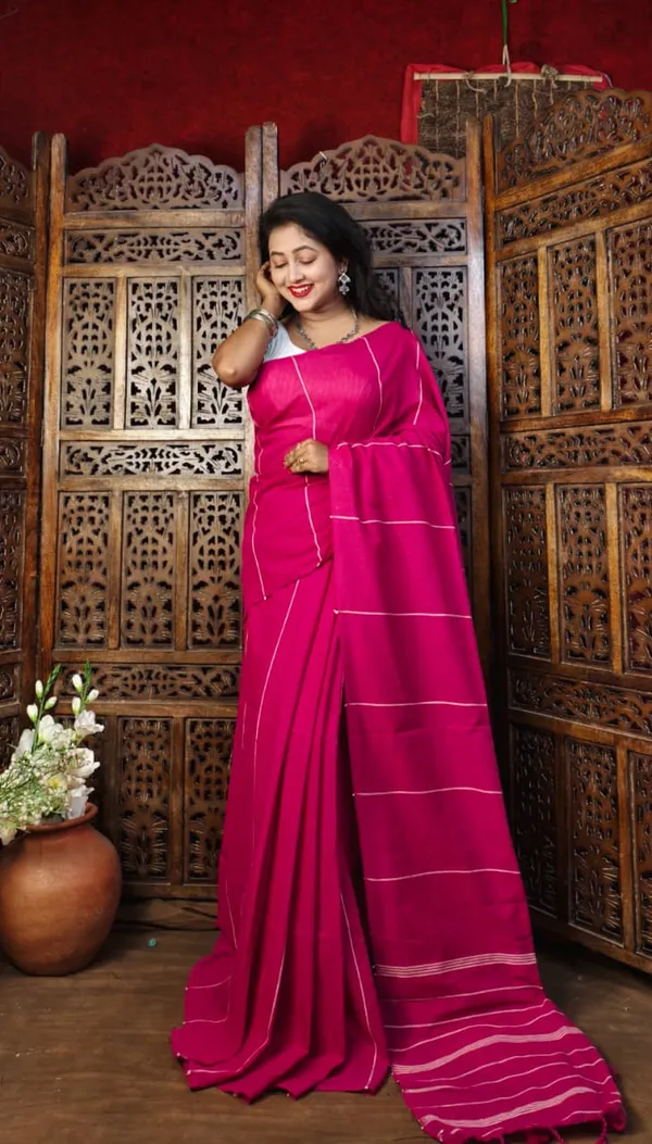 Pink_Premium_Handloom_Cotton_Khes_Saree_For_Women_With_Running_Blouse