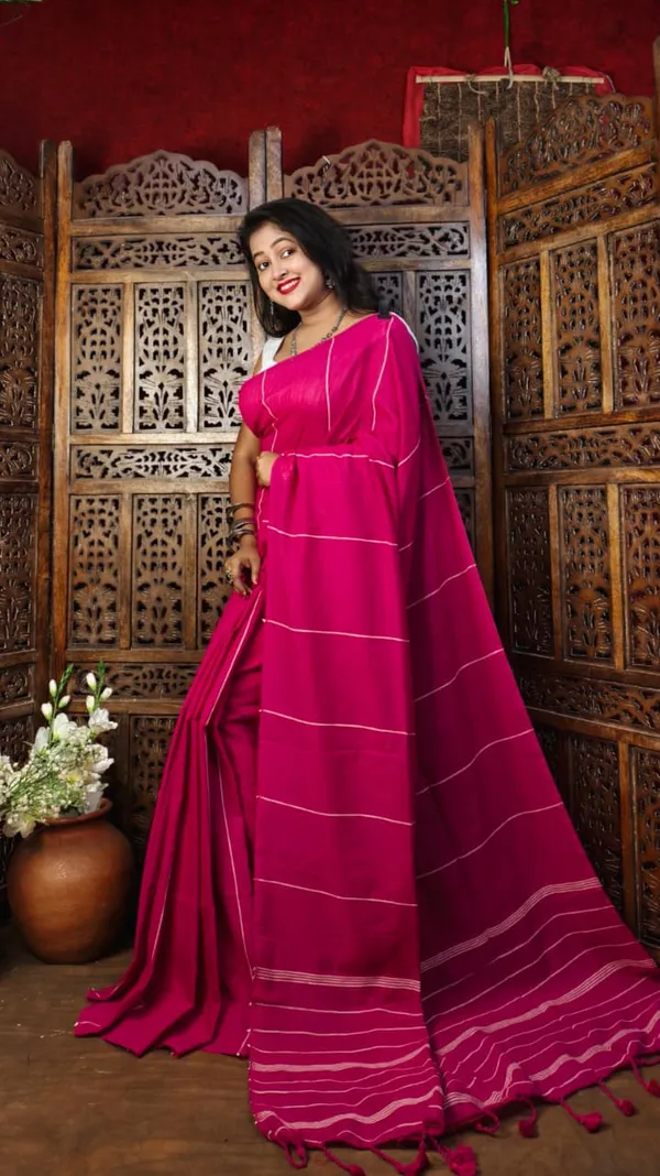 Pink_Premium_Handloom_Cotton_Khes_Saree_For_Women_With_Running_Blouse