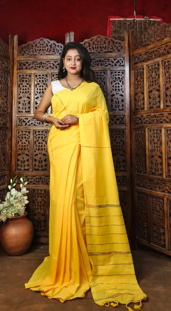 White_And_Yellow_Premium_Handloom_Cotton_Khes_Saree_For_Women_With_Running_Blouse_Pack_Of_2