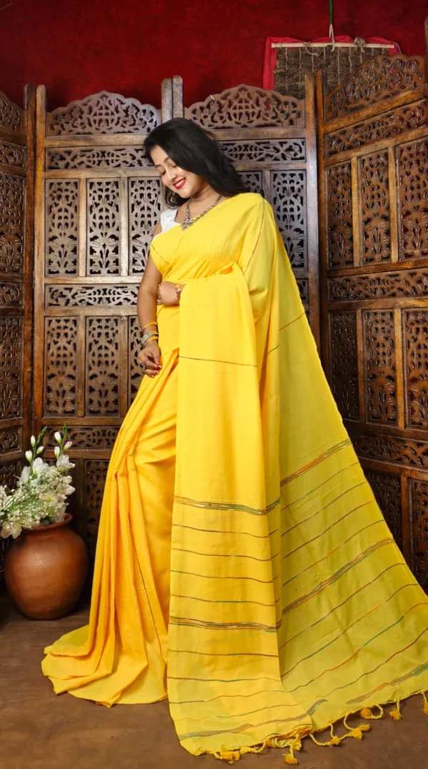 White_And_Yellow_Premium_Handloom_Cotton_Khes_Saree_For_Women_With_Running_Blouse_Pack_Of_2