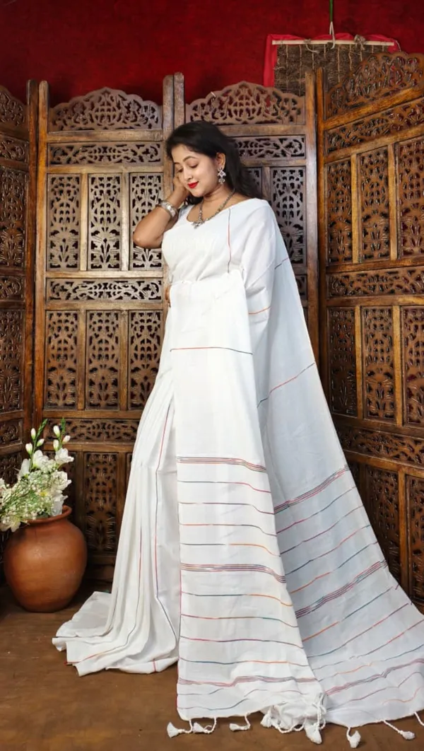 White_And_Yellow_Premium_Handloom_Cotton_Khes_Saree_For_Women_With_Running_Blouse_Pack_Of_2
