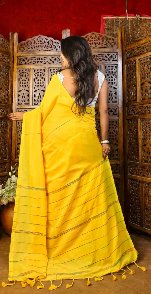 Yellow_Premium_Handloom_Cotton_Khes_Saree_For_Women_With_Running_Blouse