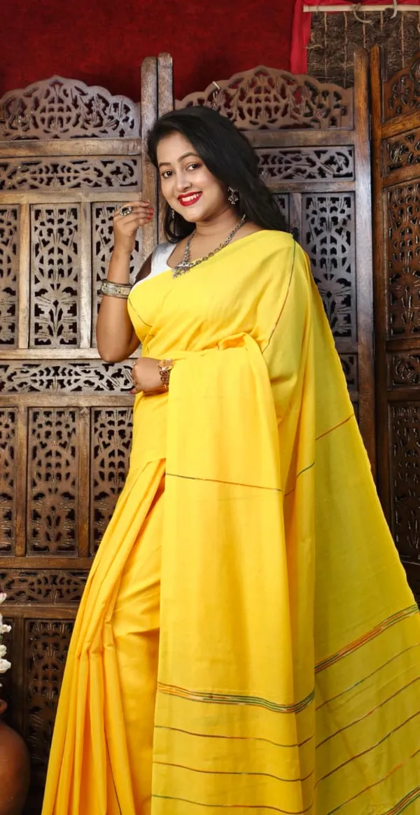 Yellow_Premium_Handloom_Cotton_Khes_Saree_For_Women_With_Running_Blouse