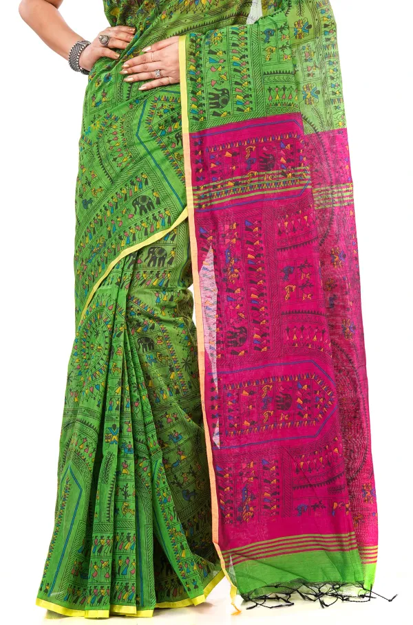 Green_And_Pink_Handloom_Premium_Qulity_Cotton_Slik_Madhubani_Print_Saree_With_Blouse_Piece