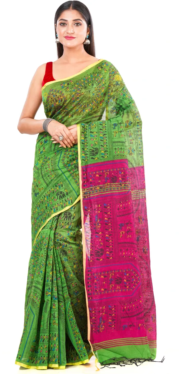 Green_And_Pink_Handloom_Premium_Qulity_Cotton_Slik_Madhubani_Print_Saree_With_Blouse_Piece