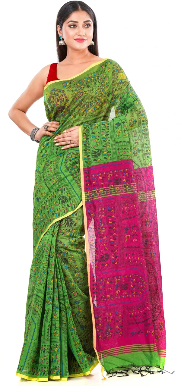 Green_And_Pink_Handloom_Premium_Qulity_Cotton_Slik_Madhubani_Print_Saree_With_Blouse_Piece