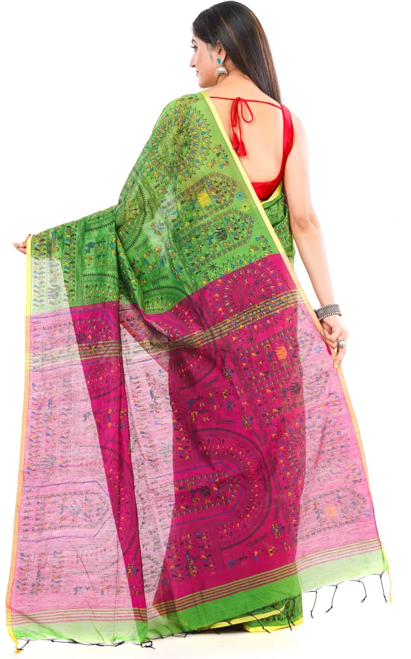 Green_And_Pink_Handloom_Premium_Qulity_Cotton_Slik_Madhubani_Print_Saree_With_Blouse_Piece