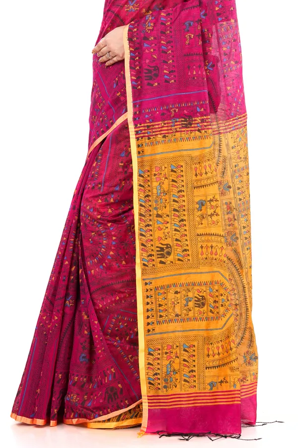 Pink_And_Yellow_Handloom_Premium_Qulity_Cotton_Slik_Madhubani_Print_Saree_With_Blouse_Piece