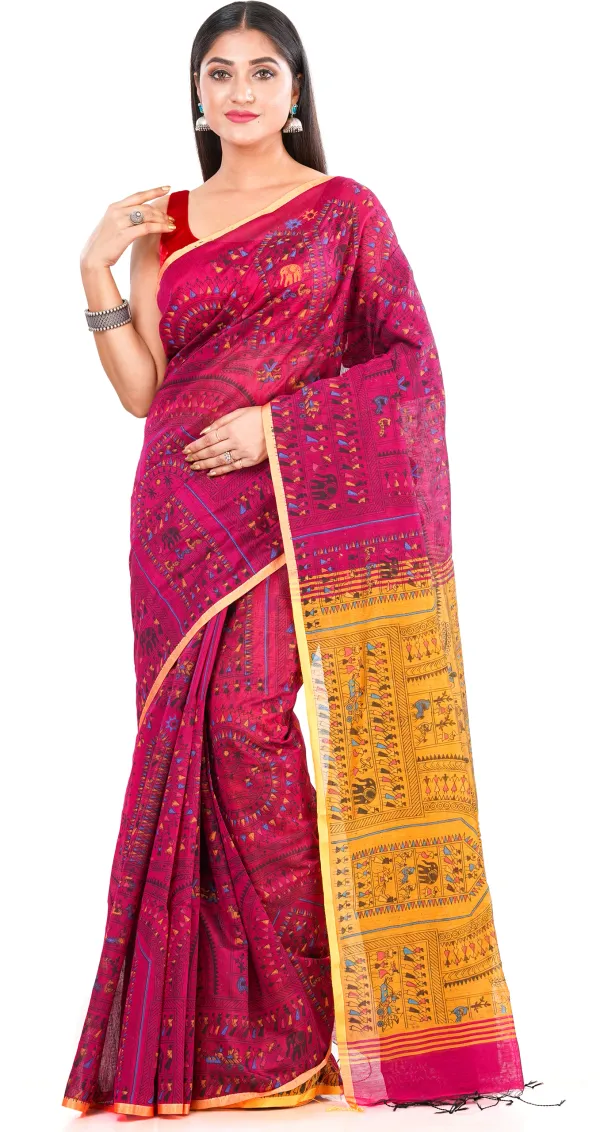 Pink_And_Yellow_Handloom_Premium_Qulity_Cotton_Slik_Madhubani_Print_Saree_With_Blouse_Piece