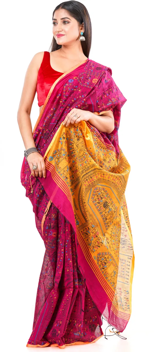 Pink_And_Yellow_Handloom_Premium_Qulity_Cotton_Slik_Madhubani_Print_Saree_With_Blouse_Piece