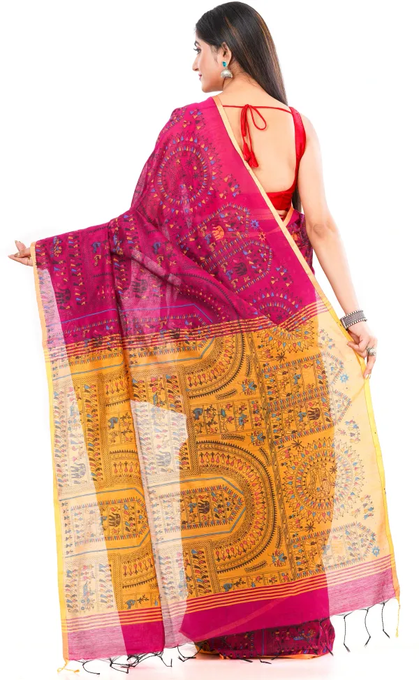 Pink_And_Yellow_Handloom_Premium_Qulity_Cotton_Slik_Madhubani_Print_Saree_With_Blouse_Piece