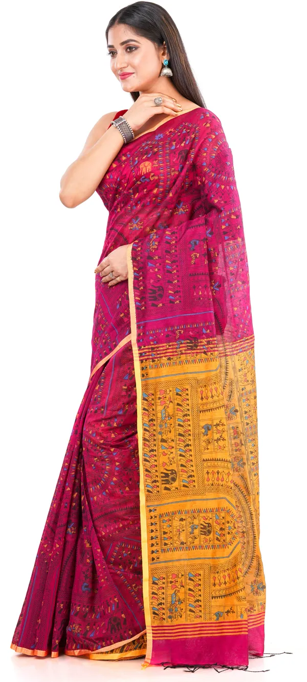 Pink_And_Yellow_Handloom_Premium_Qulity_Cotton_Slik_Madhubani_Print_Saree_With_Blouse_Piece