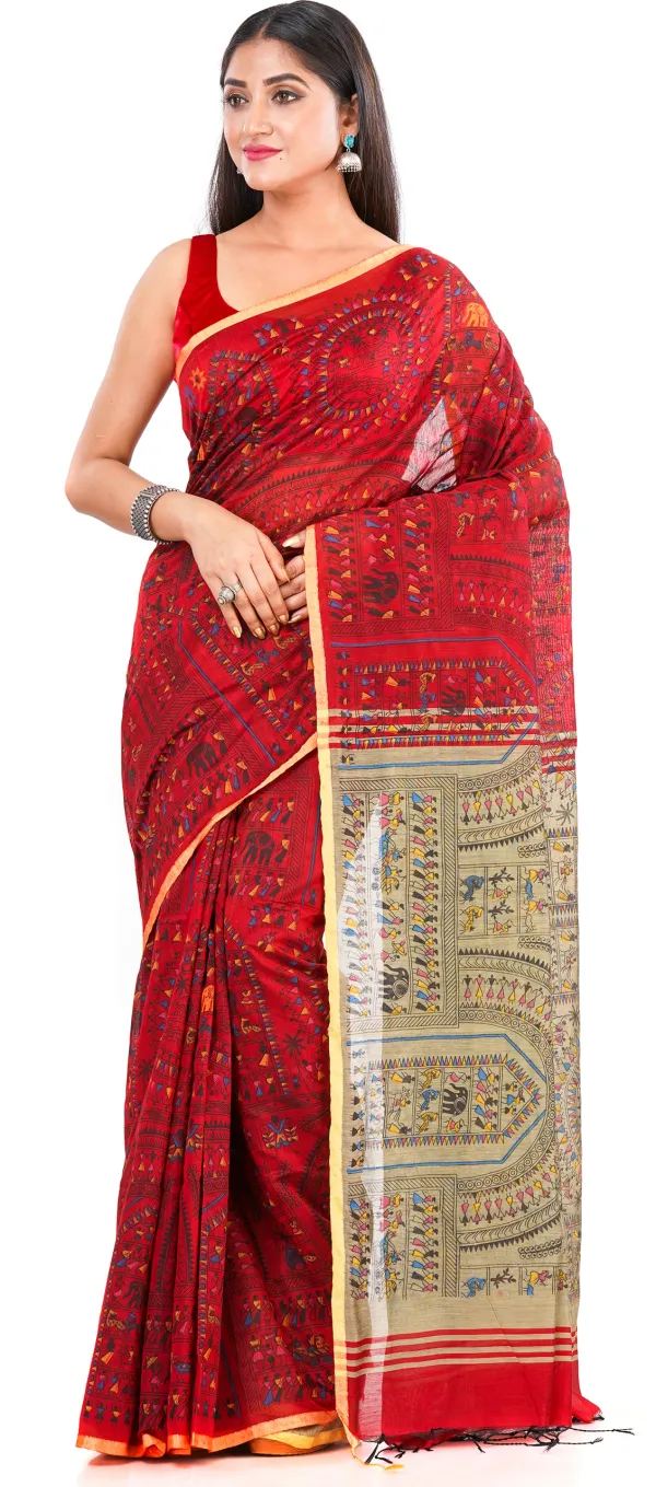 Red_And_Brown_Handloom_Premium_Qulity_Cotton_Slik_Madhubani_Print_Saree_With_Blouse_Piece