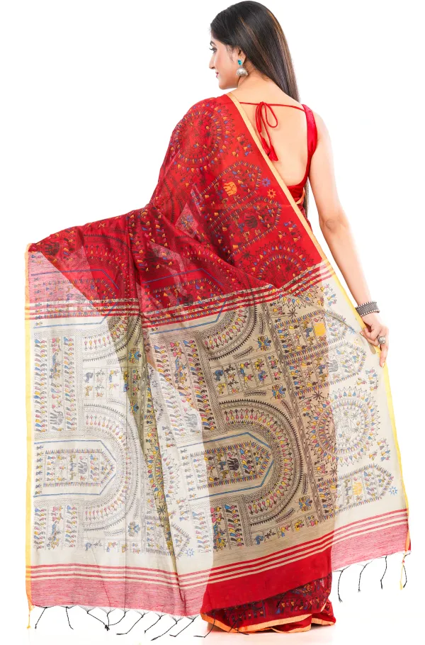 Red_And_Brown_Handloom_Premium_Qulity_Cotton_Slik_Madhubani_Print_Saree_With_Blouse_Piece