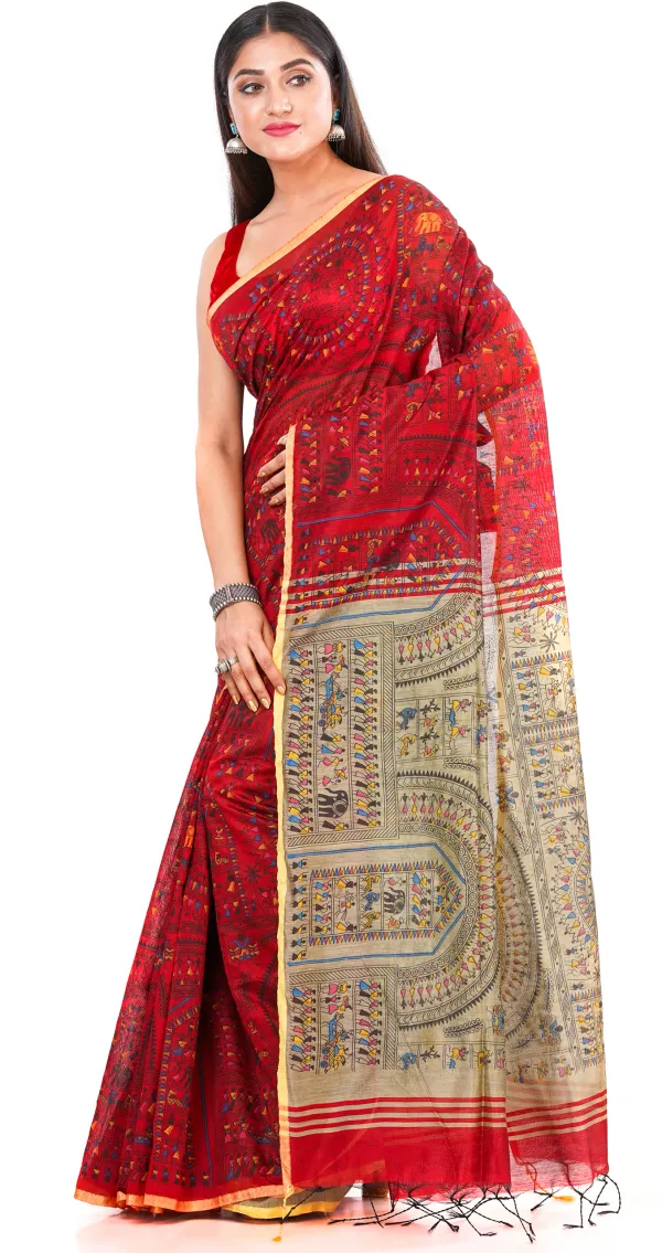 Red_And_Brown_Handloom_Premium_Qulity_Cotton_Slik_Madhubani_Print_Saree_With_Blouse_Piece