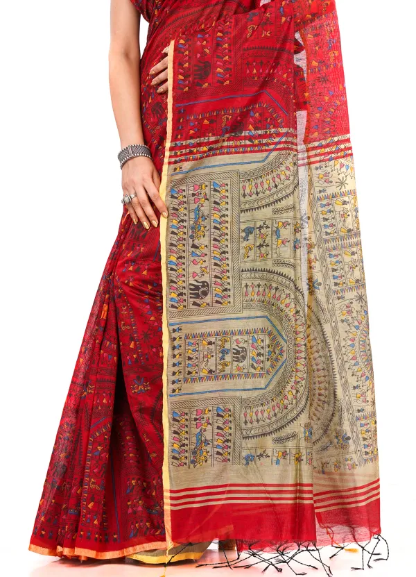 Red_And_Brown_Handloom_Premium_Qulity_Cotton_Slik_Madhubani_Print_Saree_With_Blouse_Piece