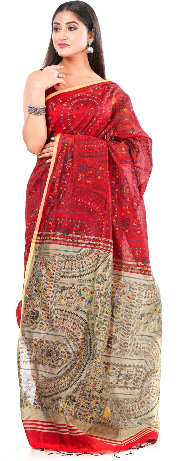 Red_And_Brown_Handloom_Premium_Qulity_Cotton_Slik_Madhubani_Print_Saree_With_Blouse_Piece