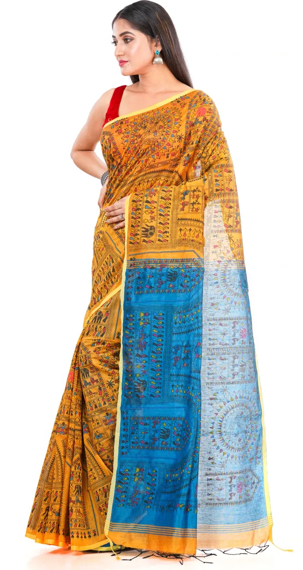 Yellow_And_Blue_Handloom_Premium_Qulity_Cotton_Slik_Madhubani_Print_Saree_With_Blouse_Piece
