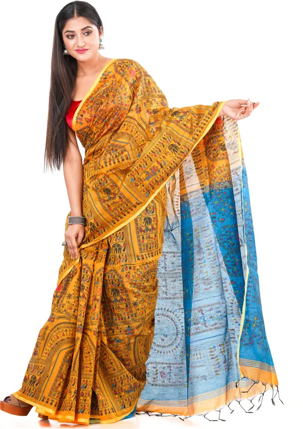 Yellow_And_Blue_Handloom_Premium_Qulity_Cotton_Slik_Madhubani_Print_Saree_With_Blouse_Piece