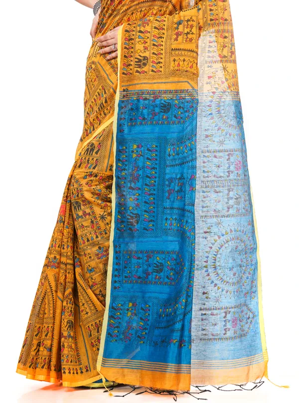 Yellow_And_Blue_Handloom_Premium_Qulity_Cotton_Slik_Madhubani_Print_Saree_With_Blouse_Piece
