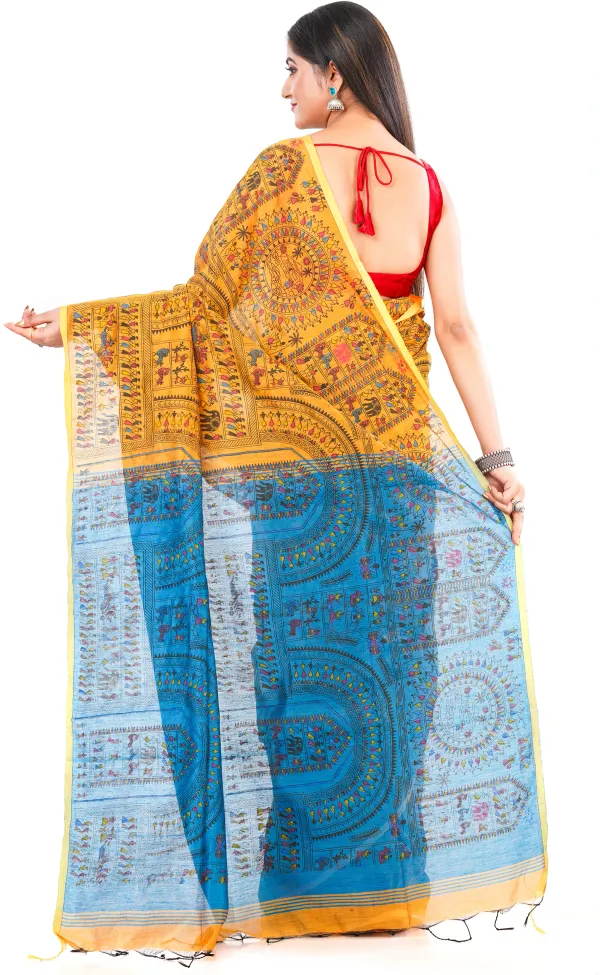 Yellow_And_Blue_Handloom_Premium_Qulity_Cotton_Slik_Madhubani_Print_Saree_With_Blouse_Piece
