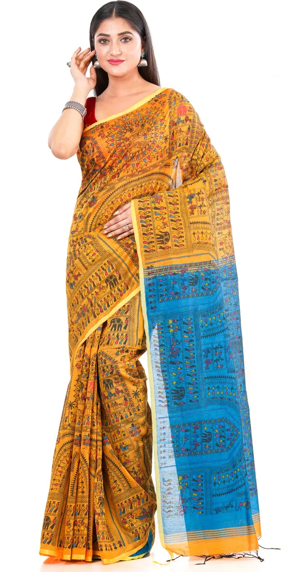 Yellow_And_Blue_Handloom_Premium_Qulity_Cotton_Slik_Madhubani_Print_Saree_With_Blouse_Piece