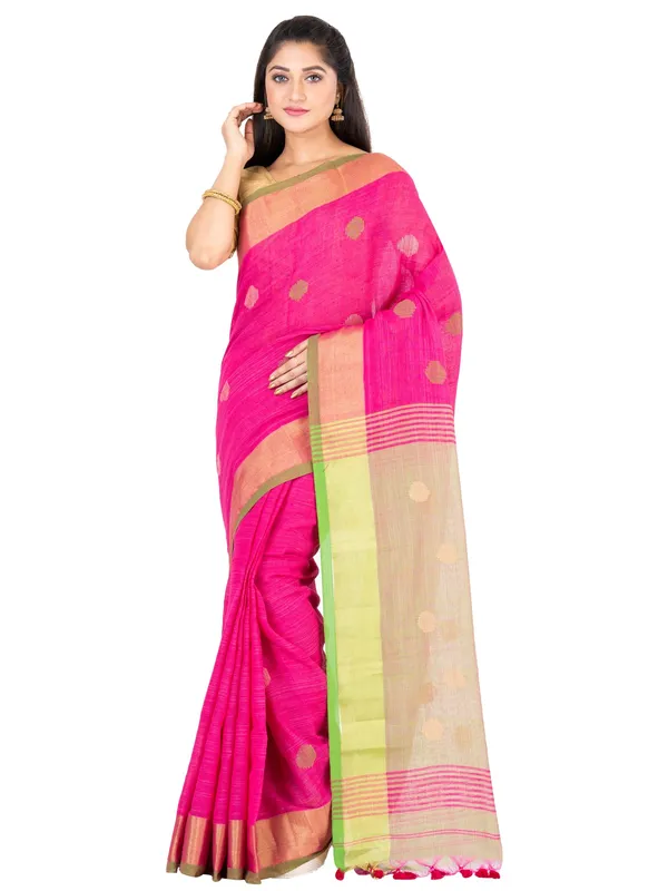 Pink_And_Green_Handloom_Premium_Quality_Khadi_Ball_Saree_With_Running_Blouse