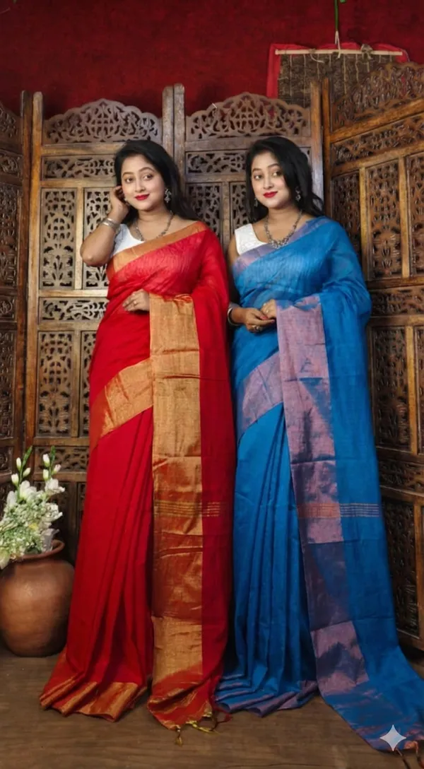 Red_And_Light_Blue_Handloom_Cotton_Silk_Zari_Border_For_Women_With_Running_Blouse_Pack_Of_2