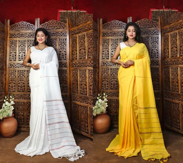 White_And_Yellow_Premium_Handloom_Cotton_Khes_Saree_For_Women_With_Running_Blouse_Pack_Of_2