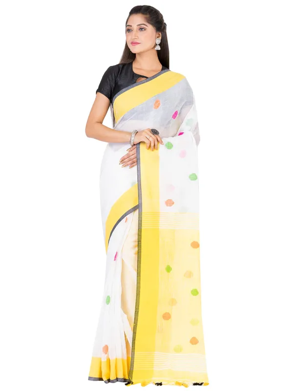 White_And_Yellow_Handloom_Premium_Quality_Khadi_Ball_Saree_With_Running_Blouse