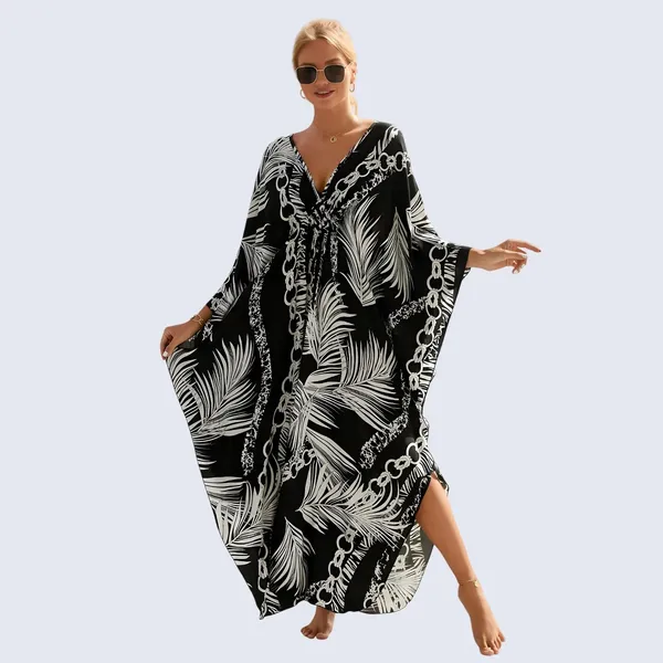 Kaftan_Summer_Dresses,_Braided_V-Neck_-_Black_Palm