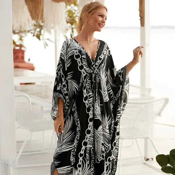 Kaftan_Summer_Dresses,_Braided_V-Neck_-_Black_Palm