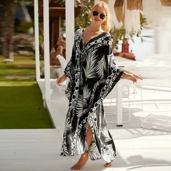 Kaftan_Summer_Dresses,_Braided_V-Neck_-_Black_Palm