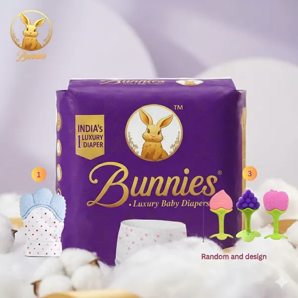 Bunnies_Baby_Teether_Mittens_Gloves_With_Fruit_Shape_Chew_Toy_For_Newborn,_Infant_&_Toddlers_(1_Glove_And_3_Fruit_Teether)_+_Bunnies_Super_Comfort_Pant_Style_Baby_Diapers,_Cotton_Ultra_Soft_Diaper_With_Leakage_Guard_&_Anti-Bacterial_,_Pack_Of_25_Diapers