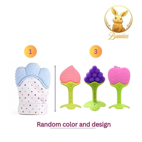 Bunnies_Baby_Teether_Mittens_Gloves_With_Fruit_Shape_Chew_Toy_For_Newborn,_Infant_&_Toddlers_(1_Glove_And_3_Fruit_Teether)_+_Bunnies_Super_Comfort_Pant_Style_Baby_Diapers,_Cotton_Ultra_Soft_Diaper_With_Leakage_Guard_&_Anti-Bacterial_,_Pack_Of_25_Diapers
