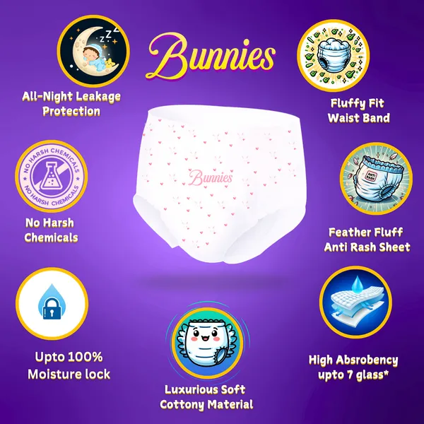 Bunnies_Super_Comfort_Pant_Style_Baby_Diapers,_Cotton_Ultra_Soft_Diaper_With_Leakage_Guard_&_Anti-Bacterial,_Moisture_Lock_Upto_12_Hrs,_Pack_Of_100_Diapers