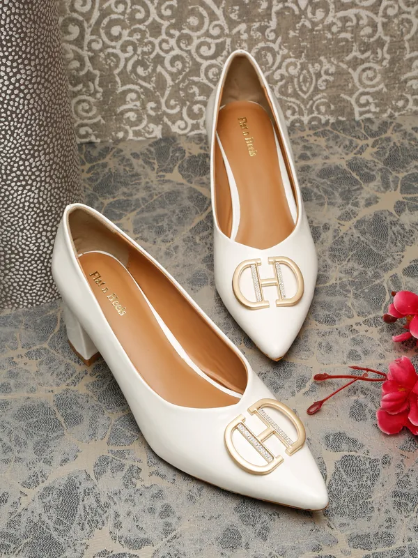 White_Patent_Block_Heels_Pumps_Slip_On_For_Women_And_Girls