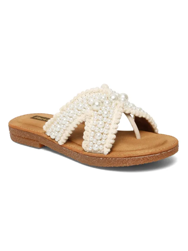 Beige_Fabric_Flat_Sandal_For_Women_And_Girls