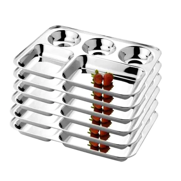 Stainless_Steel_Rectangular_Partition_Plate_5_Compartment_Ideal_For_Breakfast_Lunch_And_Dinner_Pack_Of_6